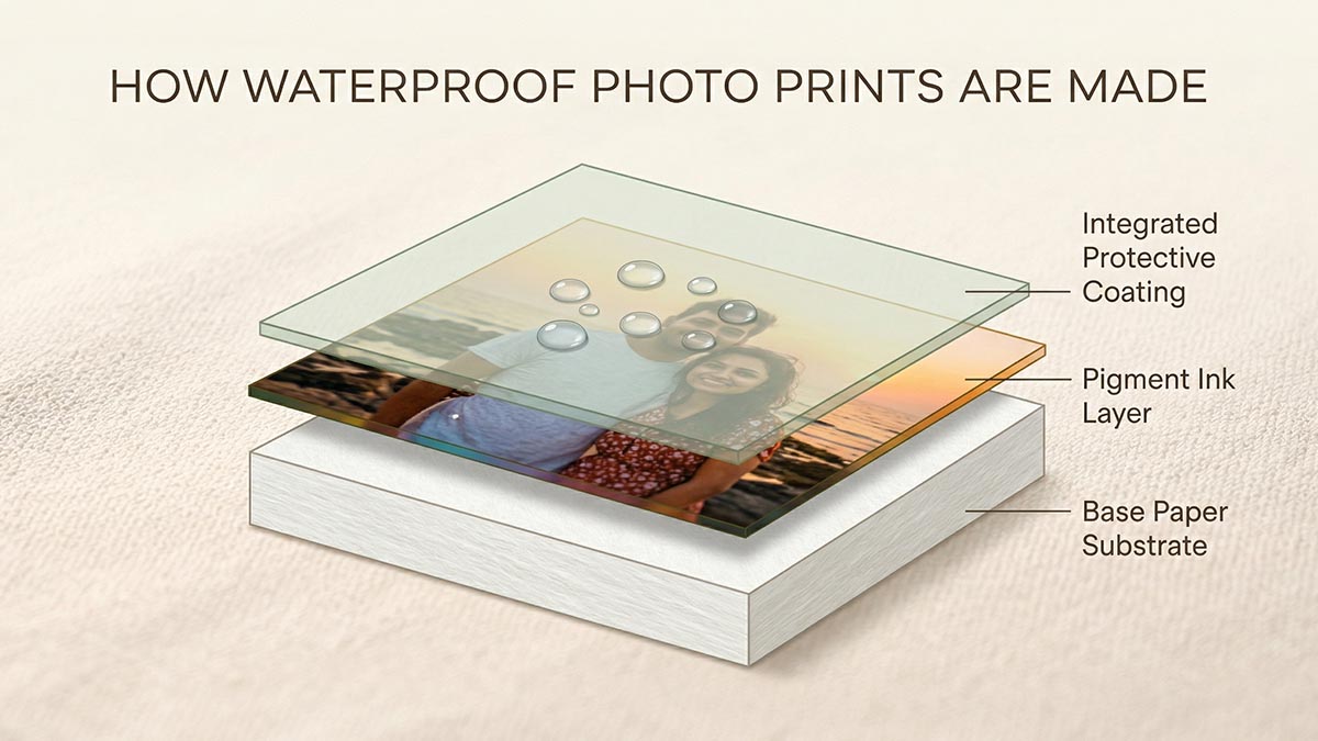 How waterproof photo prints are made - layer diagram showing paper, pigment ink, and protective coating