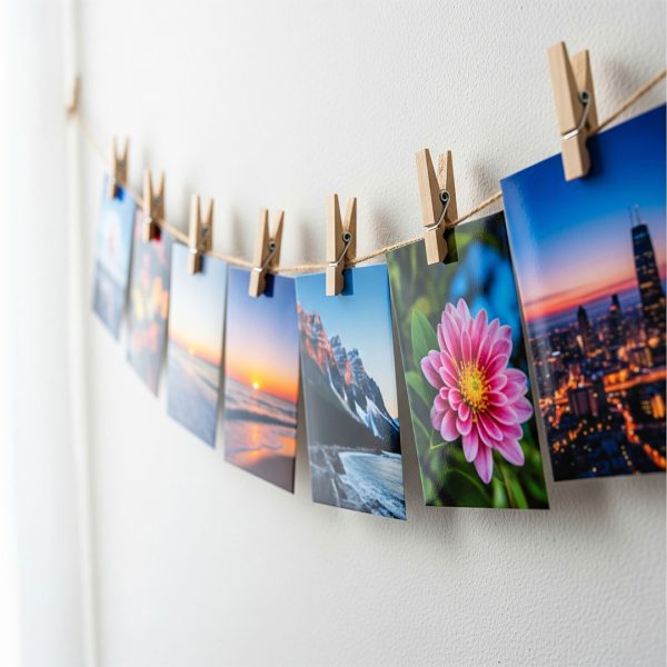 Personalised borderless prints with custom text hung on wooden clips - Memoriffy India