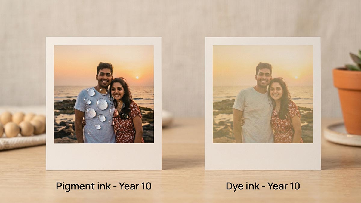 Dye ink vs pigment ink molecular structure - waterproof photo print comparison