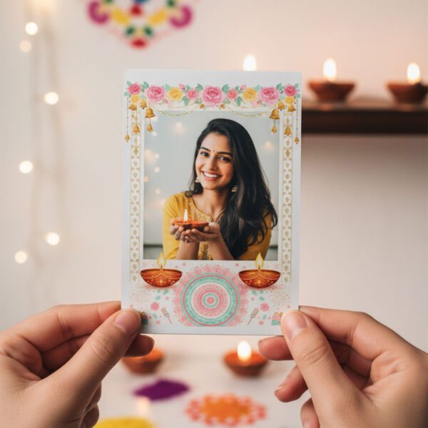 Diwali Memoroid Design 2 - polaroid photo print with Diwali-inspired corner border, 4x3 inches