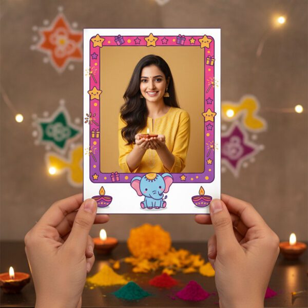 Diwali Memoroid Design 3 - festive polaroid print with traditional Diwali corner motif by Memoriffy India