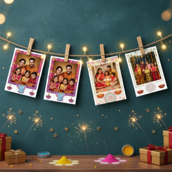 Diwali Special Memoroids - festive polaroid photo prints with Diwali-themed decorative corner borders by Memoriffy