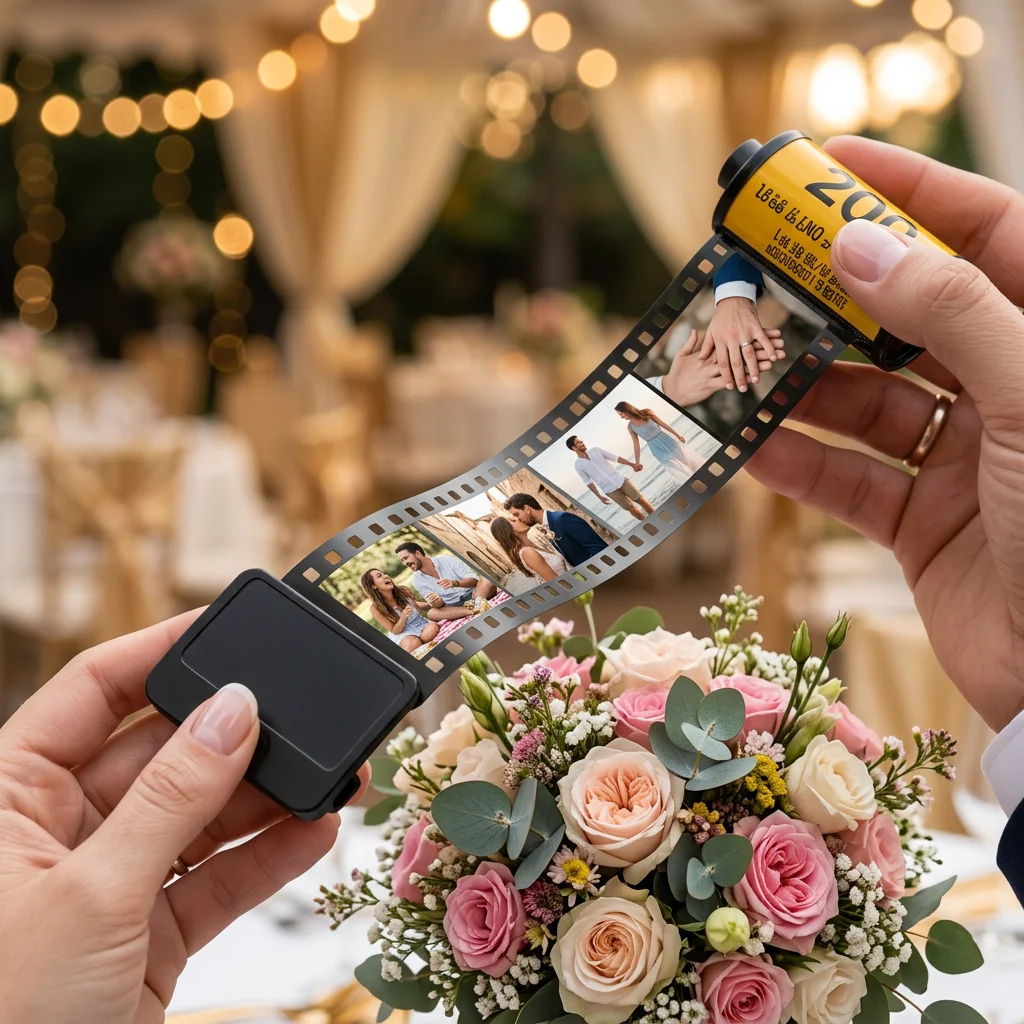 Camera roll keychain wedding gift India - mini photo strip with couple photos