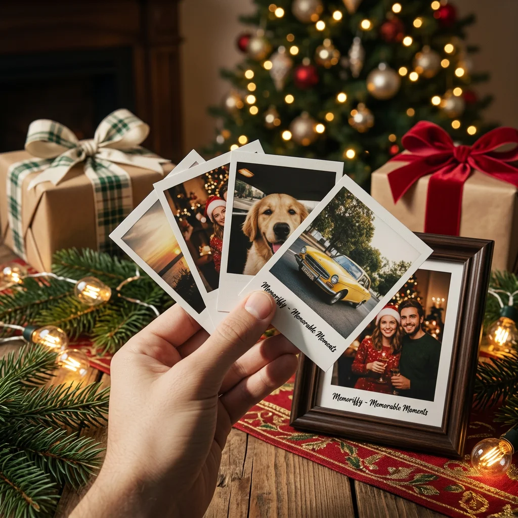 Christmas photo gifts India - personalised polaroid prints displayed with Christmas decorations