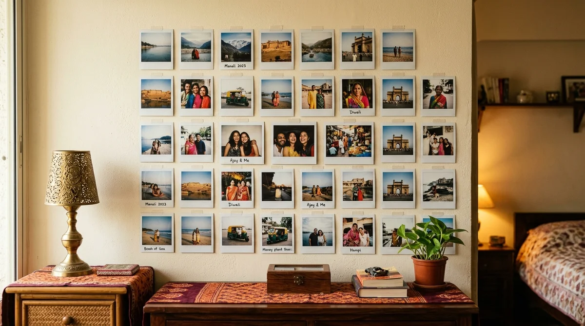 Damage free photo print wall India - polaroid collage using Command strips