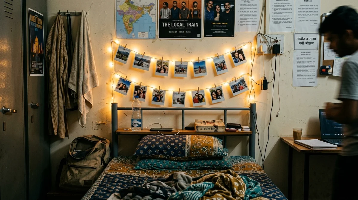 Hostel room photo decoration India - string lights with polaroid prints above bed