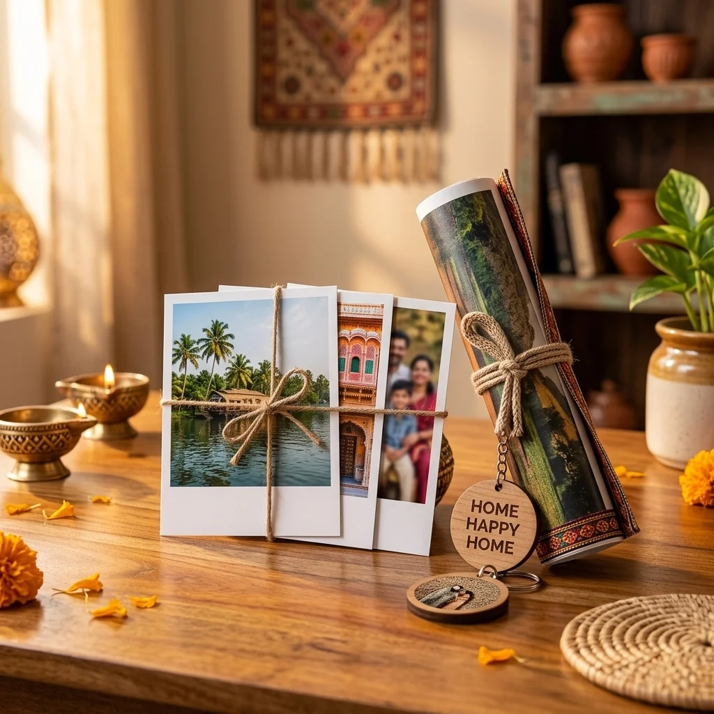 Housewarming photo gifts India arranged on a wooden table