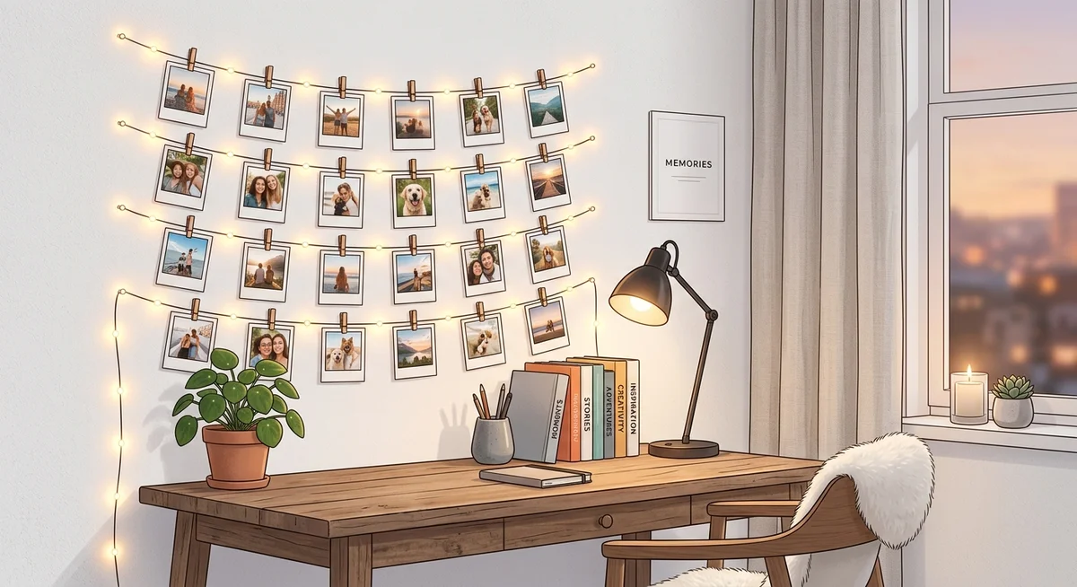 How to decorate room with photo prints India - string light polaroid display above desk