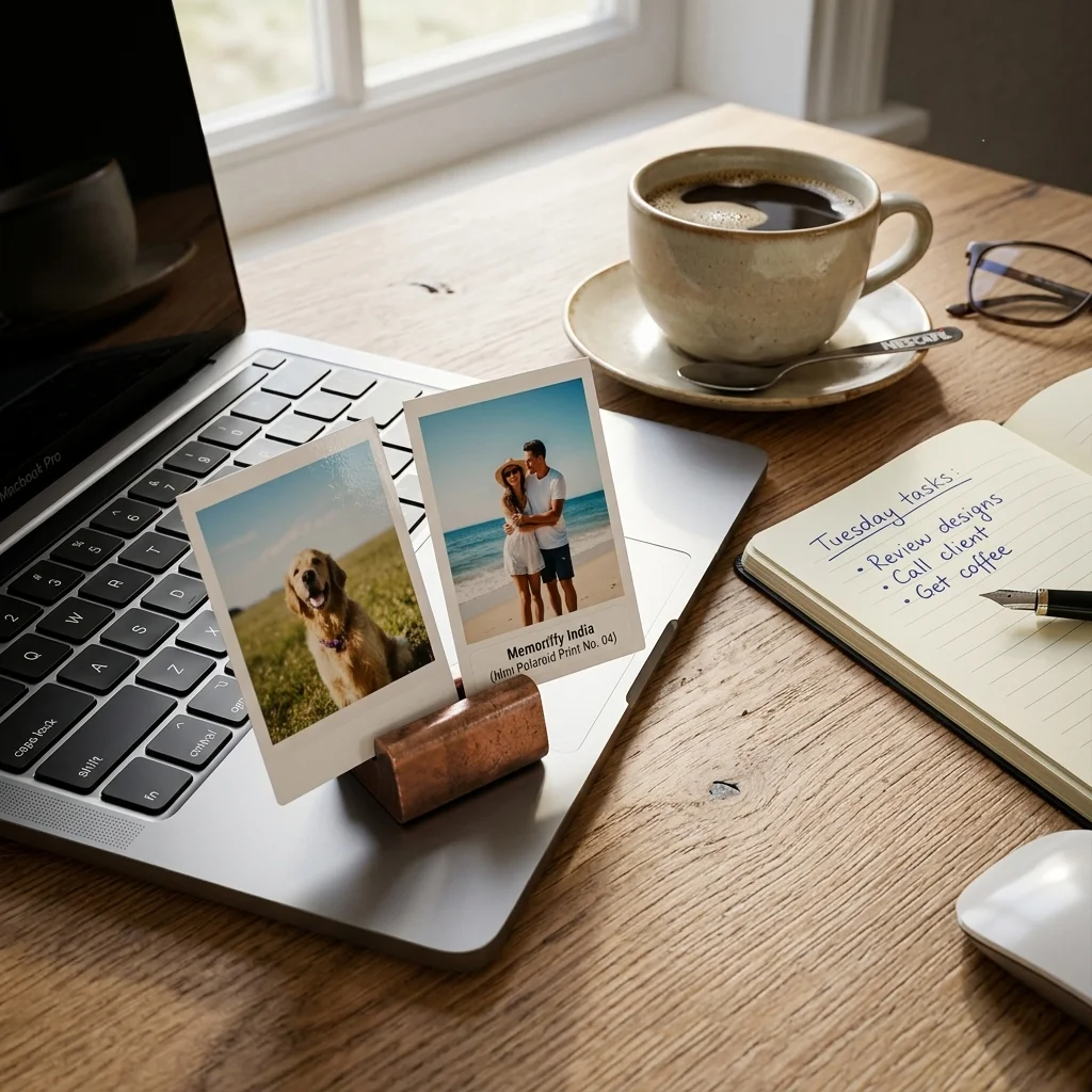 mini memoroid prints on work desk india close up