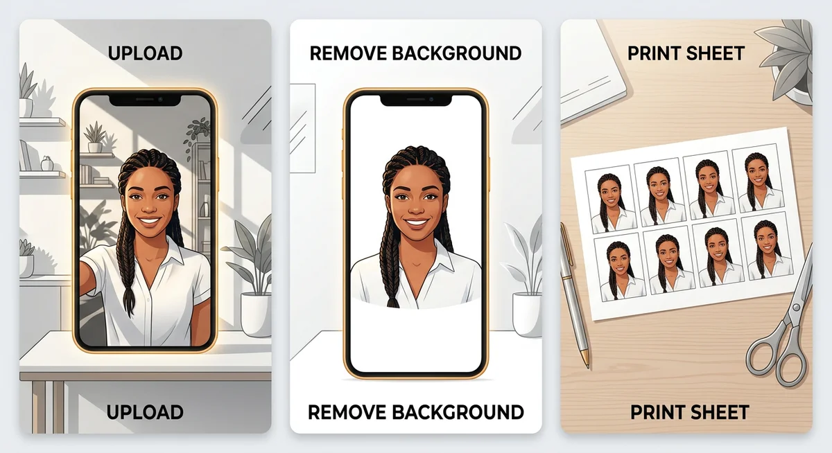 Passport photo maker steps - upload, remove background, print sheet