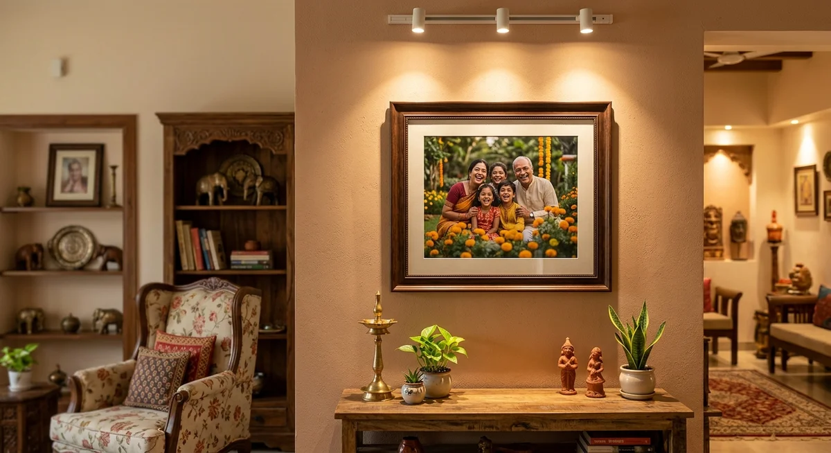 photo print in UV-protective frame displayed correctly in Indian home