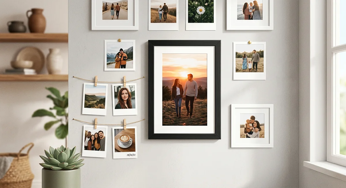 Photo gallery wall India with mixed formats - A4 framed centrepiece surrounded by polaroids