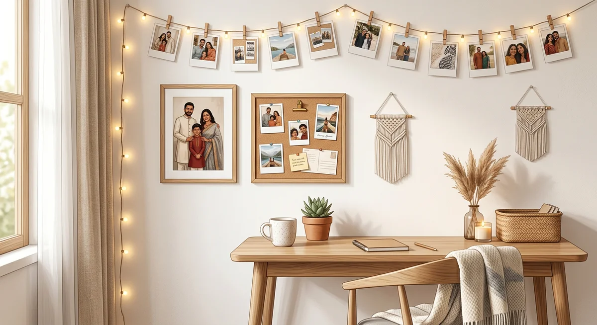 Photo room decor ideas India - bedroom wall display with polaroids and framed prints