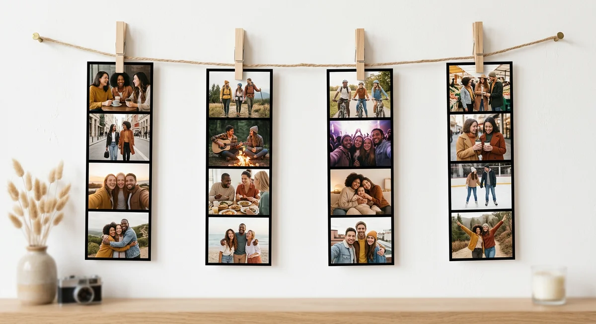 Photo strip prints India - film-style photo strips hanging on string with clips as room wall decoration