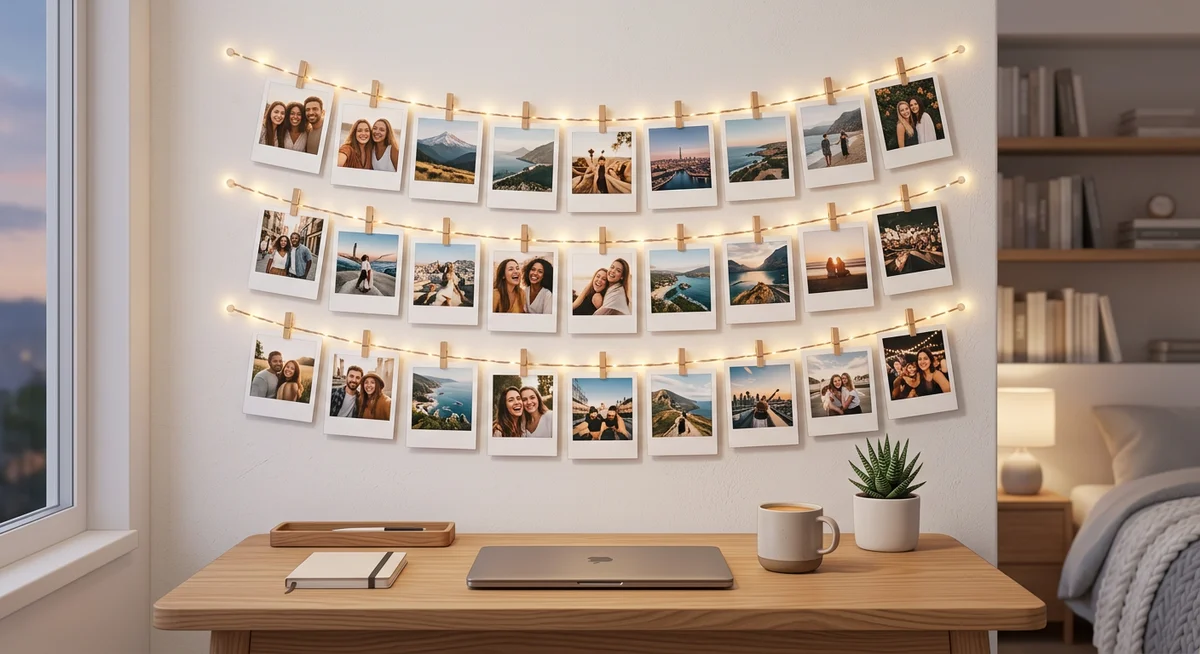 Polaroid wall collage ideas India - string light display with 25 polaroid prints above desk