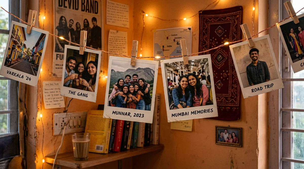 Polaroid prints on string lights - hostel PG room decoration idea India