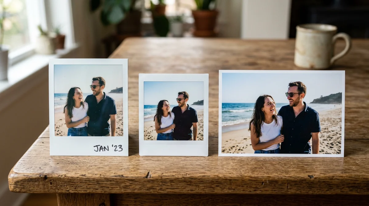 Polaroid print size comparison with square and 4R photo prints