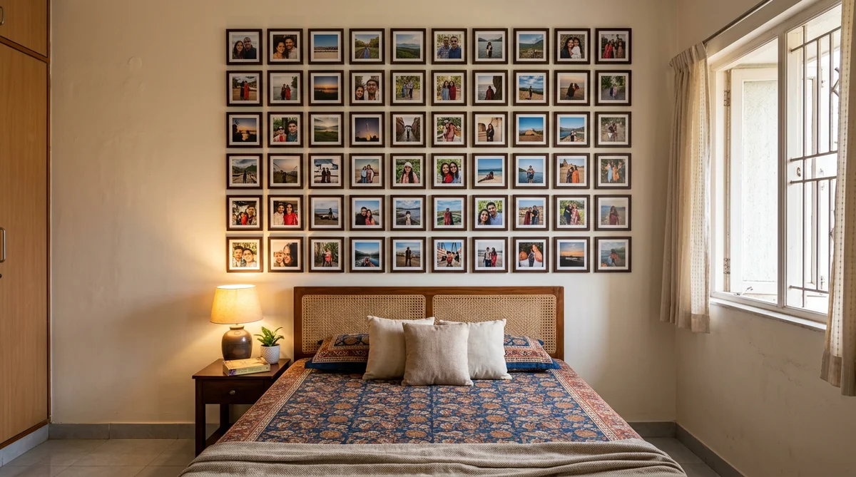 Small room photo wall ideas India - square print grid above bed in compact bedroom