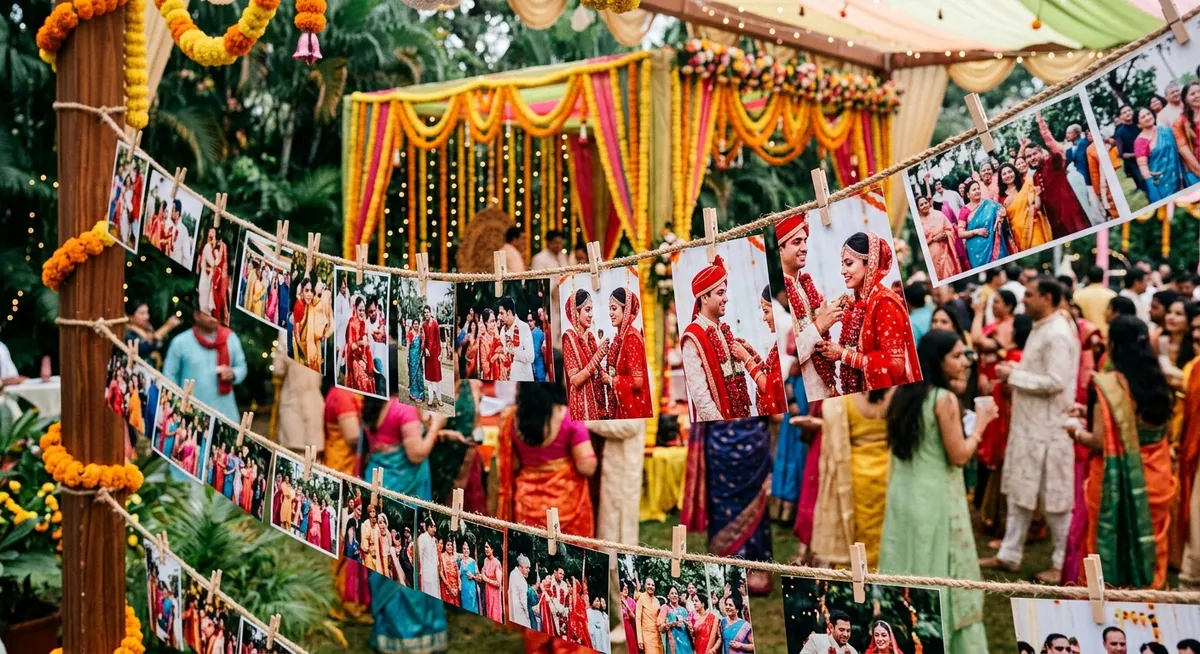 waterproof photo prints displayed at outdoor Indian wedding event
