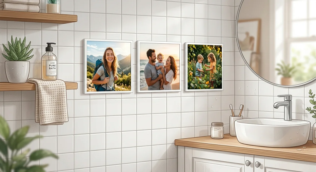 Waterproof photo prints displayed in a bathroom - suitable for humid room display India