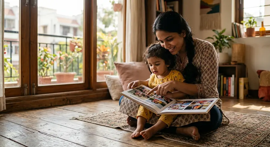 mother and toddler looking at baby photo book india together