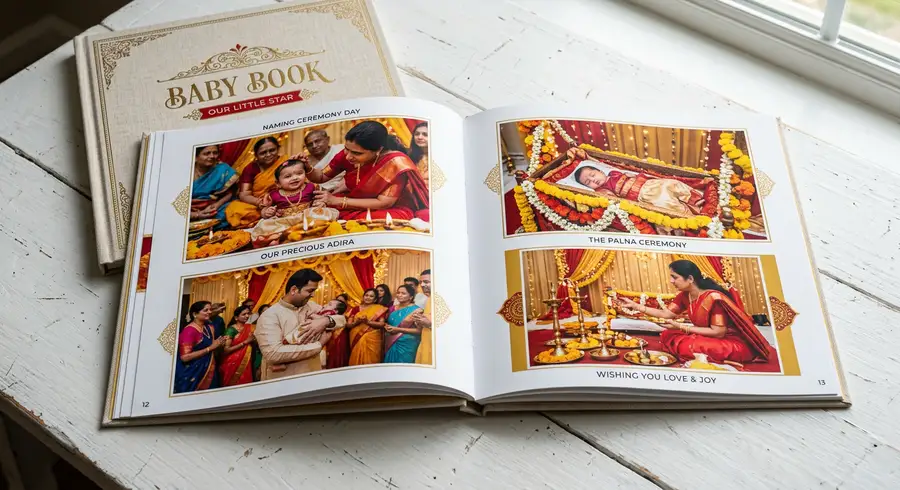 open baby photo book showing indian naming ceremony photos