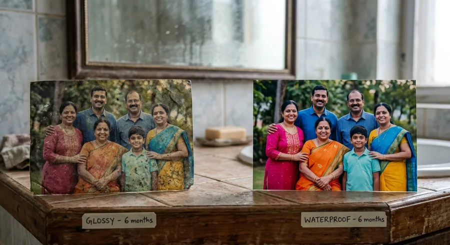 glossy vs waterproof photo print comparison humidity damage india
