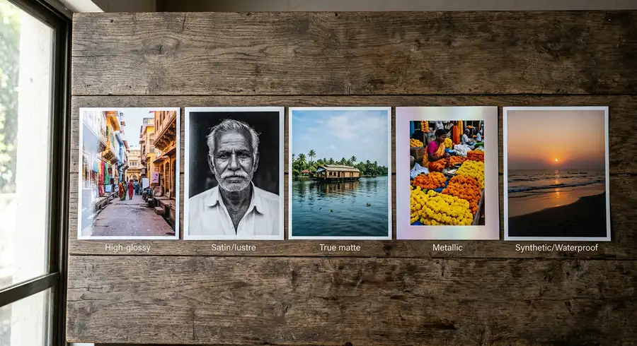 five photo paper types side by side comparison india - glossy satin matte metallic waterproof