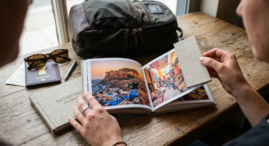Hands opening a travel photo book india with Rajasthan trip photos on a wooden table beside a backpack