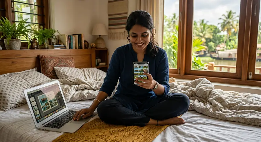 Person organising travel photos on phone and laptop to make a vacation photo book india